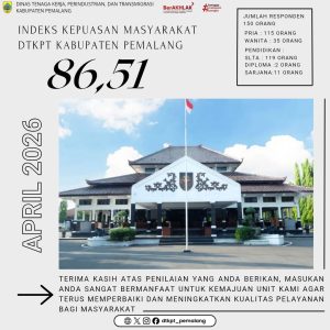 Indeks Kepuasan Masyarakat Dinas Tenaga Kerja, Perindustrian, dan Transmigrasi Kabupaten Pemalang Bulan Januari – April Tahun 2026